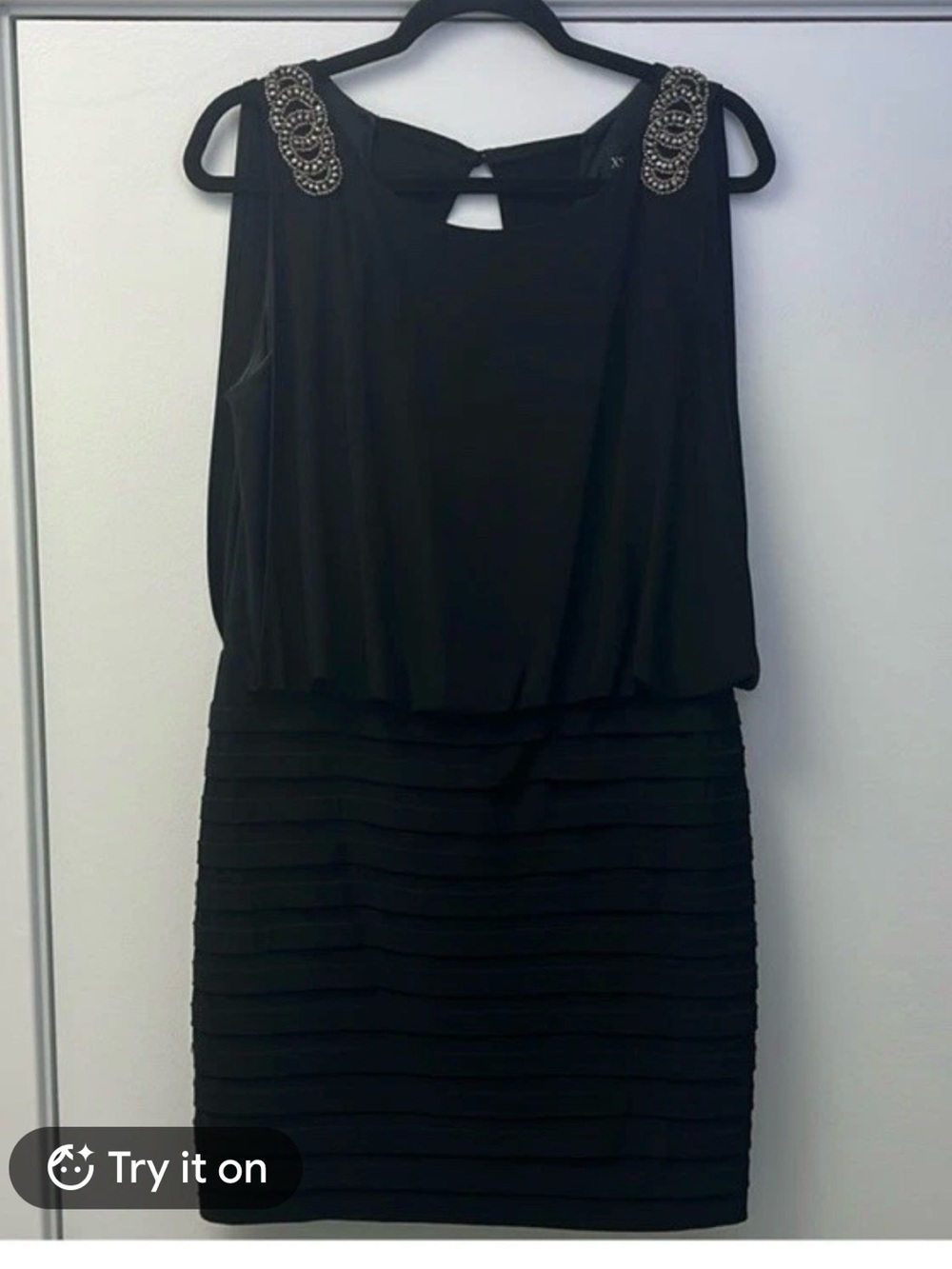 R&M Richards Black Beaded Shoulder Mini Dress